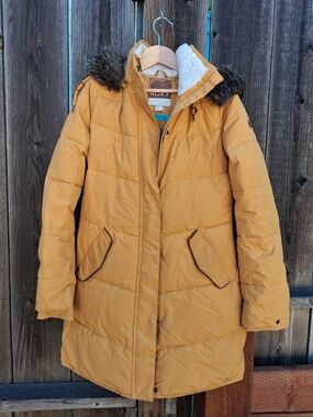 Roxy Mustard Quilted Puffer Coat with Faux Fur Trim